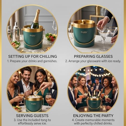 Image of finality 1 LTR Double Walled Stainless Steel Insulated Ice Bucket with Lid (Gold+Dark Green)