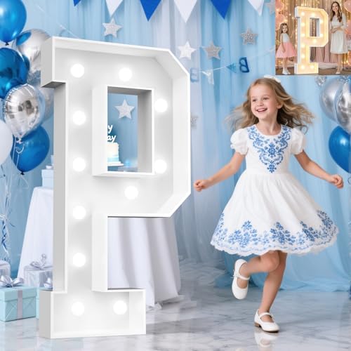 Image of Pooqla 4 FT Light Up Marquee Letters, Giant Mosaic Letters Cool White and Warm White LED, Large Lighted Alphabet Lights for Balloons Birthday Party Anniversary Wedding Decorations, Letter P