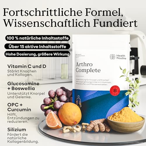 Health Routine Arthro Complete – Glucosamin Chondroitin Hochdosiert – 1er Pack – MSM, Kollagen, Hyaluronsäure, Curcumin & Boswellia – Gelenkkapseln für Knorpelaufbau, Gelenke, Knochen & Beweglichkeit