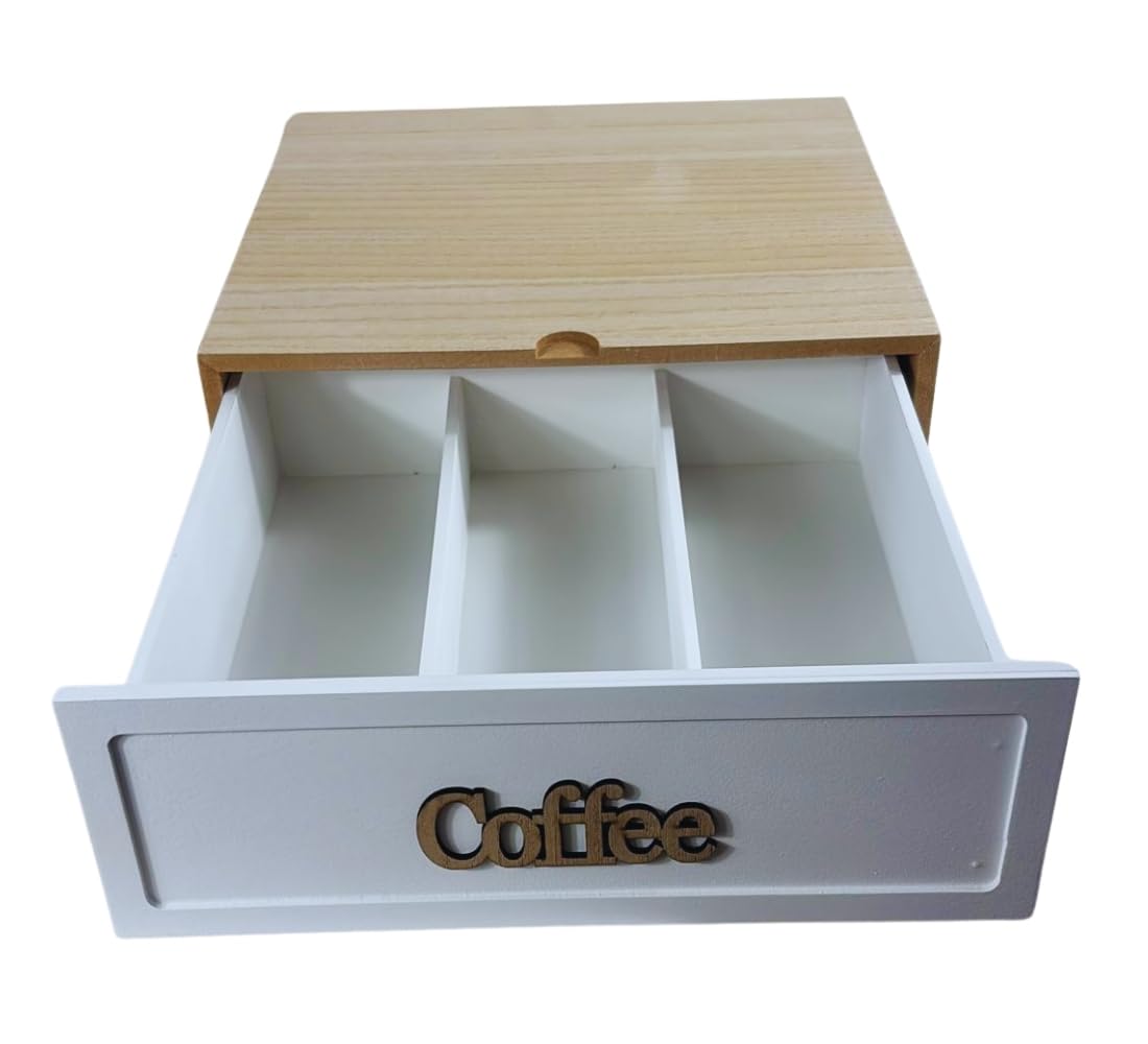 Cassetto in Legno Portacapsule - Cialde, Caffe, Zucchero, Organizer per Ufficio Casa - Contenitore in Legno 3 Scomparti per Cialde Capsule Caffe, 30 x 30 x 10 cm