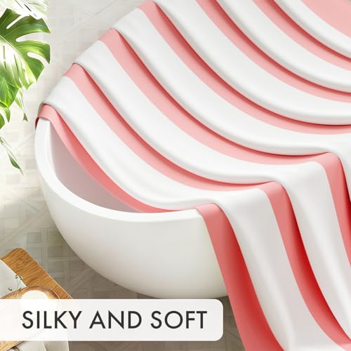 Image of AmazerBath Pink Vertical Stripes Shower Curtain, Cute Pink Stripe Bathroom Shower Curtain with 12 Shower Curtain Hooks, Rustic Fabric Pink and White, 72x72 Inches
