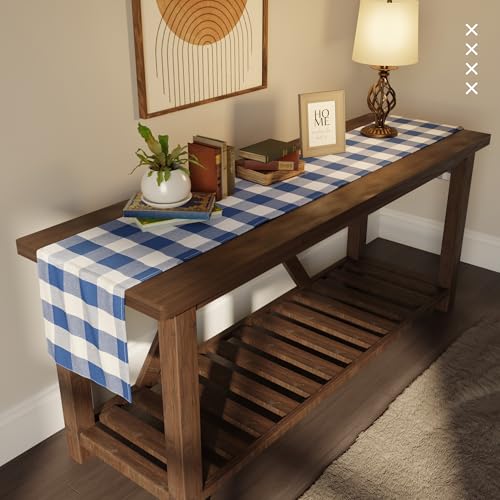 Image of Encasa XO Cotton Table Runner for 4 to 6 Seater | Size 13x72 in | Buffalo Blue Checks - Machine Washable & Durable