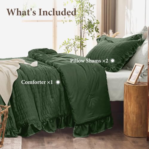 Image of JOLLYVOGUE Olive Green Queen Comforter Set,3pcs Ruffle Seersucker Bed Set | OEKO-TEX Certified, All Season, Down Alternative Fill, Lightweight Bedding Set with Ruffle Comforter & Pillowshams, Easy Care