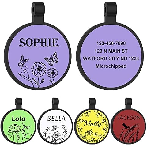 Silicone Dog Tags - GISUERY Silent Dog Tag - No More Jingling and Waterproof - Personalized Indoor Dog Tag with Double-Sided Engraving - Soundless Puppy Kitten Pet ID Tag (R - Floral) Cover