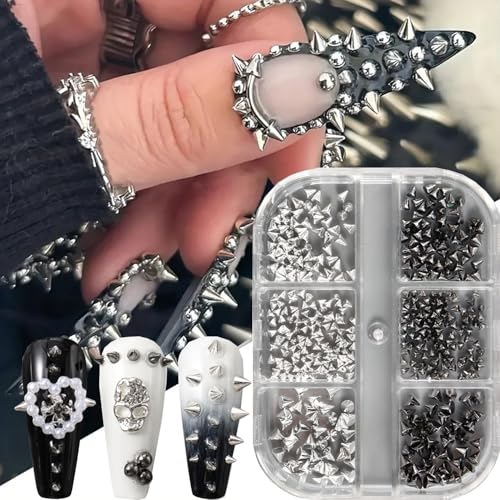 Punk Bullet Rivet Nail Charm 3D Alloy Flat Bottomed Pointed Cone Mixed Black Silver Nail Art Rhinestones Studs Goth Nail Art Charm Spike Nails for Women DIY Nail Decoration Accessories Crafts 6 Grids