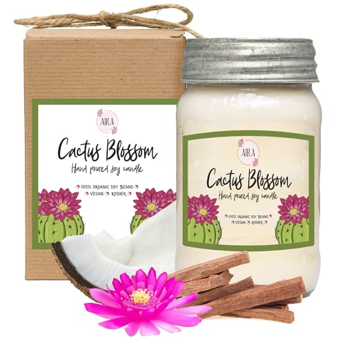 Aira Soy Candles - Organic, Kosher, Vegan, in Mason Jar w/Therapeutic Grade Essential Oil Blends - Hand-Poured 100% Soy Candle Wax - Paraffin Free, Burns 110+ Hours - Cactus Blossom -16 Ounces
