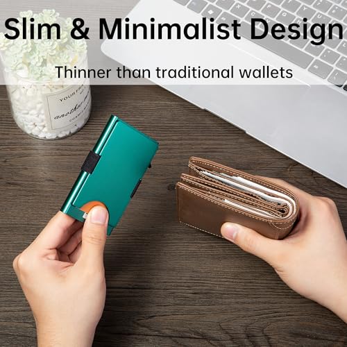 Image of Slim Card Holder Wallet for Men, Minimalist RFID Blocking Pop Up Wallet, Smart Metal Business Card Case Holds 12 Cards, Ultra-Thin Front Pocket Wallet, Gifts for Men