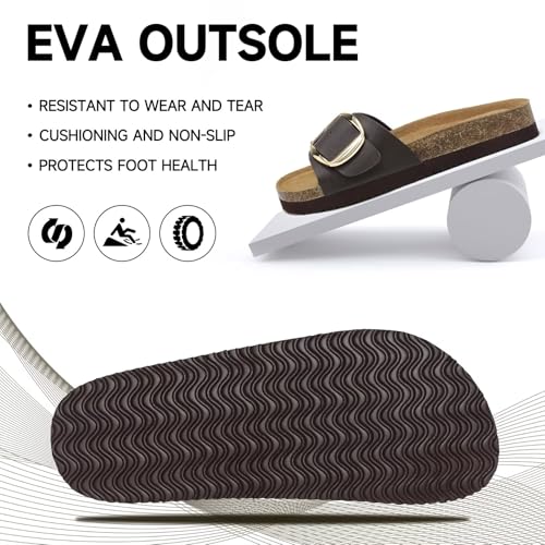 Wizshoe Pantoletten Damen Leder Sandalen mit Korkfußbett Sommer Hausschuhe Offen Latschen rutschfest Sandals Verstellbare Schnalle Hausschlappen Flache Mules Slides Dunkelbraun 40EU