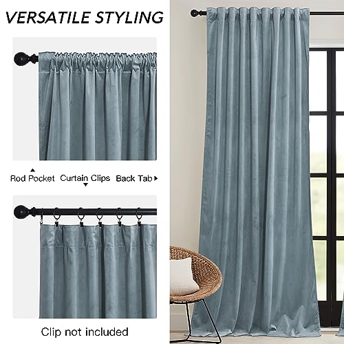 Image of RYB HOME Stone Blue Velvet Curtains 63 inches Length with Hook Belt | Soft Fabric, Room Darkening, Thermal Insulated, Luxurious Home Decor, Drapes for Living Room Bedroom, W42 x L63, 2 Panels