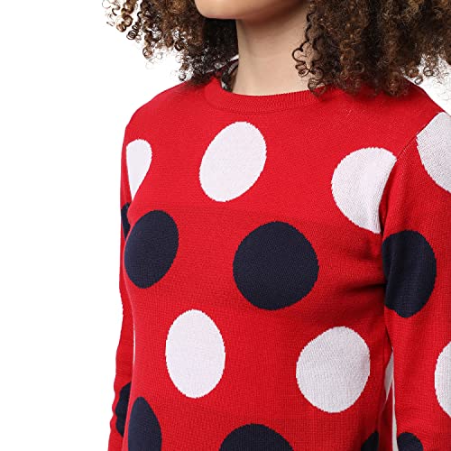 Image of Campus Sutra Women Red Polka Dot Regular Fit Sweater for Winter Wear | Round Neck | Full Sleeve | Woolen Sweater | Casual Jacket for Woman & Girl | Western Stylish Jacket for Women