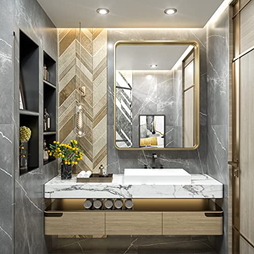 Tokeshimi Gold Bathroom Mirror For Wall 36 X 30 Inch Metal Rounded Corner Rectangle Mirror Metal Frame Deep Set Design Hangs Horizontal Or Vertical #TOP1