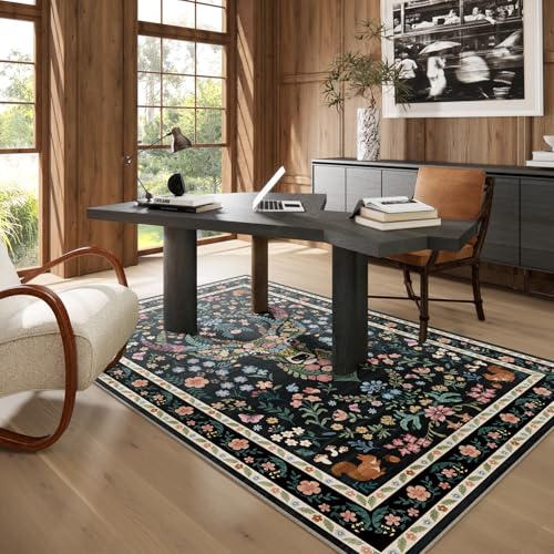Image of Area Rug Vintage Floral Deer Pattern 4x6 - Bohemian Forest Animal Carpet with Squirrel & Butterfly, Soft Decorative Area Rug for Living Room Bedroom Home Decor