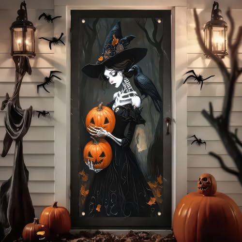 Image of BlissYard Halloween Door Cover Pumpkin Skeleton Witch 35 x 71 Inch