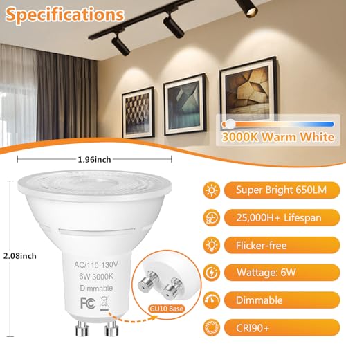 Yochoice Dimmable MR16 GU10 LED Bulbs Equivalent 50W Halogen Bulbs, 650LM GU10 Light Bulbs 3000K Warm White, 6W GU10 Spotlight Bulb for Kitchen Range Hood Recessed Accent Ceiling Lighting, 10-Pack by Yochoice - Image 4