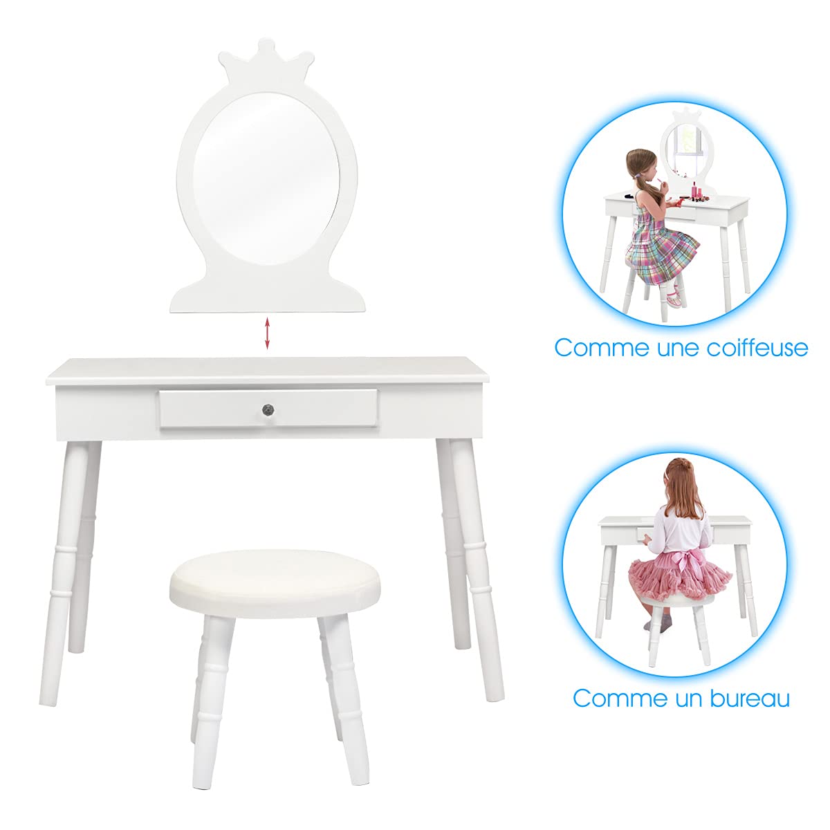 GOPLUS Tocador Infantil con Espejo en Forma de Corona (Incluye Mesa de Maquillaje y Taburete), 1 cajón, Accesorio de Maquillaje, Mesa de Maquillaje para niñas, Estilo Princesa (Blanco)