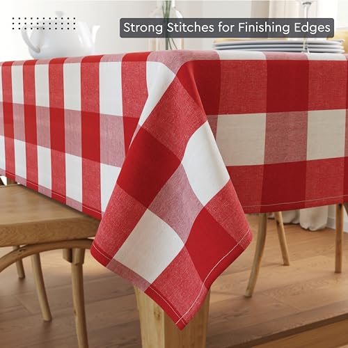 Image of Encasa XO Cotton Rectangular Table Cloth for 6 to 8 Seater | (140x230 cm) | Buffalo Red Checks | Dining Tablecloth for Decoration