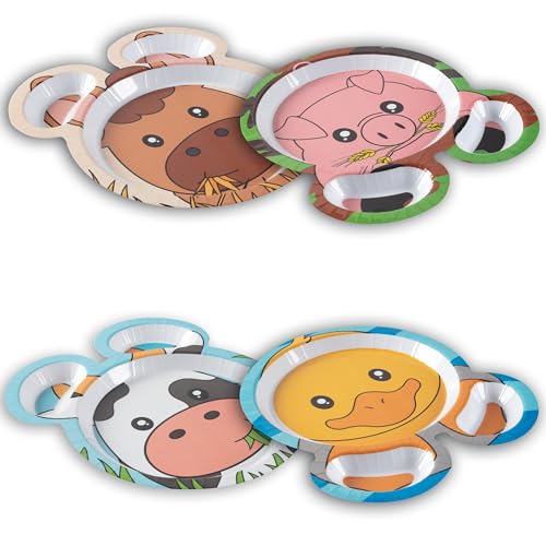Image of Farm Friends Mealtime Melamine Feeding Plates- Set of 4 Unique Cute Zoo Animal Pal Dishes for Kids- Horse Pig Duck Cow- Divided Compartments for Food Groups & Easy Grabbing, BPA Free, Dishwasher Safe
