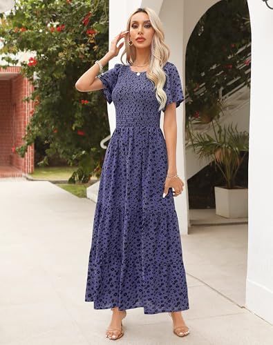 Image of Kranda Women 2025 Summer Fall Crewneck Short Sleeve Smocked Floral Maxi Dress