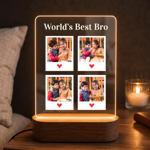 Image of Giftplease Personalized Photo Acrylic Night Light with Wooden LED Base - Custom Text Lamp for Bedroom Decor, Unique Birthday, Anniversary, Rakhi & Keepsake Gift for Brother, Friends