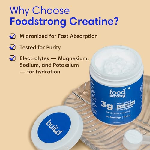 Image of Foodstrong Micronised Creatine Monohydrate Powder With Electrolytes, 3.3g Per Serving, Unflavoured, Supports Muscle Growth & Athletic Performance - 100g (30 Servings)