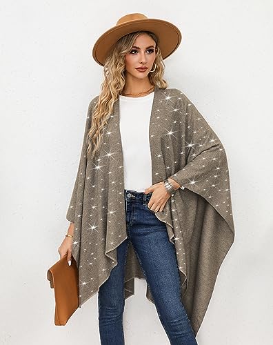 Image of Womens Rhinestones Open Front Poncho Shawl Wrap Cape Ruana Travel Blanket Cardigan