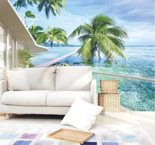 Tzxztt Arquitectura Balcón Mar Cocoteros Paisaje Papel Pintado 3D Seda Texturizada Primera Calidad Neutros Material Ideal Para SalóN Dormitorio-430cm×300cm