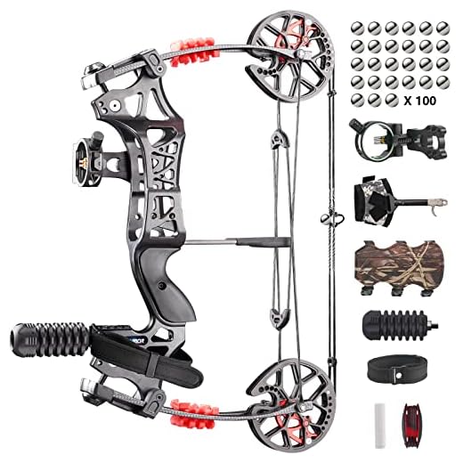 Aimdorarchery Compound Bow Kit with 100 Pcs Steel Balls 23.5”-28.5”Draw Length,30-60 Lbs Draw Weight up to 345 fps No Bow Press Needed Limbs Made in USA
