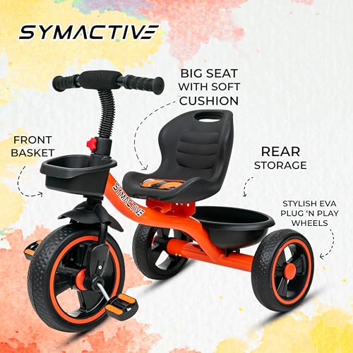 Image of Amazon Brand - Symactive Tricycle for Kids | Plug N Play | Baby Cycle with Grip Handle, Eva Wheels, Seat & Basket | Kids Tricycle /Cycle | 2+ Years Unisex | Weight Limit Upto 25 Kgs (Orange)