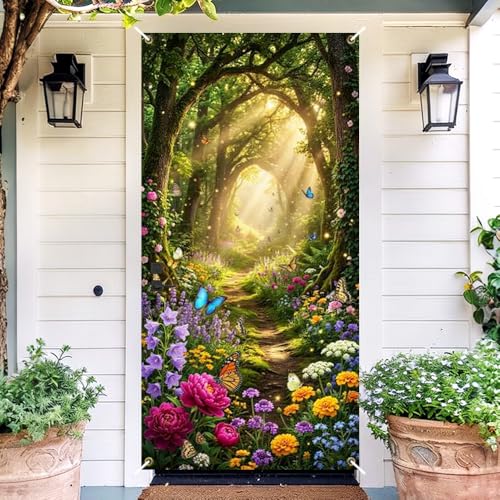 Image of Enchanted Forest Door Cover Butterfly Floral Front Door Banner