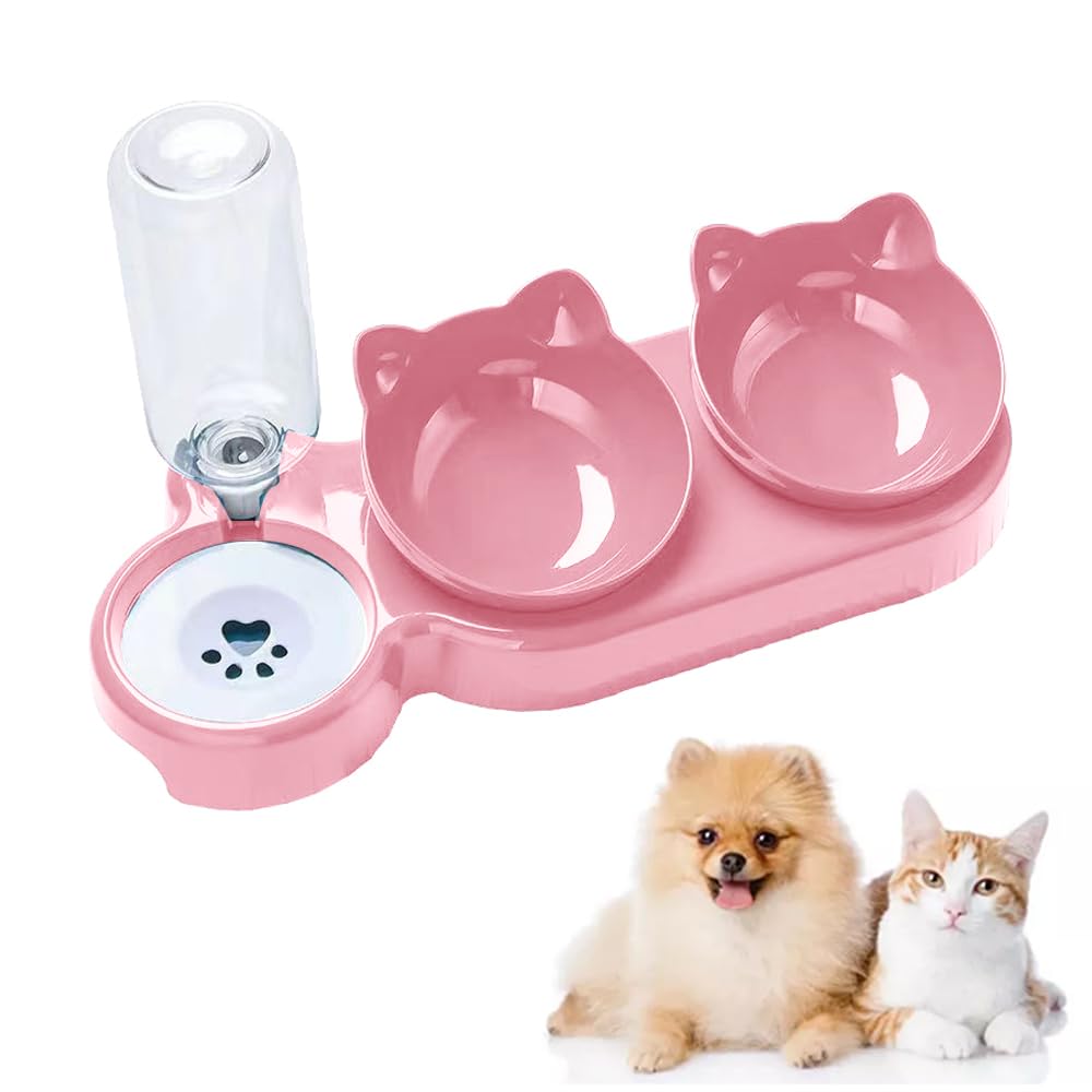 3-In-1 Cat Food and Water Bowl Set, Raised Cat Bowls With Stand, Double Cat Bowls with Water Dispenser for Pet, Food and Water Feeder for Small Medium Dogs Cats (Pink) — image 1
