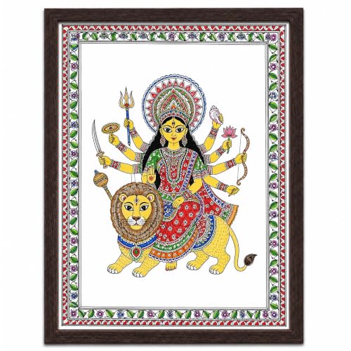 Image of PAPER PAJAMA Goddess Durga Vastu Wall Art for Living Room | Madhubani Maa Durga Painting with Lion | Traditional Mithila Religious Framed Decor for Home Temple & Office (10x13 Inches)