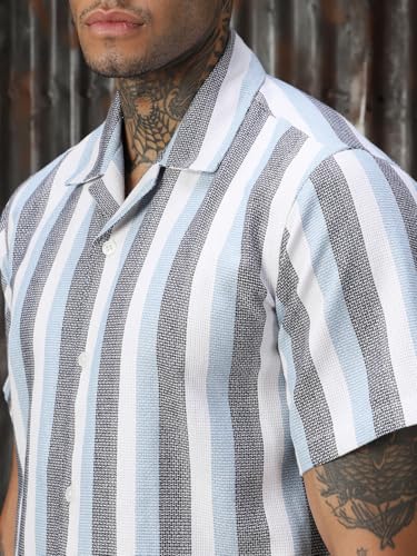 Image of High Star Men Strip Cotton Relaxed Fit Collar Short Sleeve Shirts 36