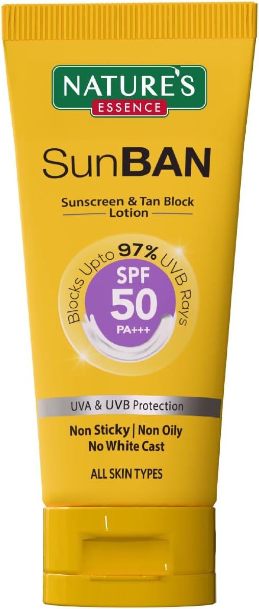 NATURES ESSENCE Sunban Suncreen SPF 50 PA+++ | No White Cast and Broad Spectrum Sun screen | For All Skin Types | Non Greasy | Lightweight | For Men & Women | 60ml