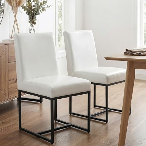 Image of HNY Modern Dining Chairs Set of 2, Upholstered Leather Dining Room Chairs with Ergonomic Back & Metal Frame for Home, Kitchen, Apartment, White