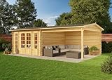 Alpholz Gartenhaus Freiburg-44 aus imprägniertem (Pinie) Holz 755 x 399 cm mit 44 mm Wandstärke, Terrasse und Doppeltür