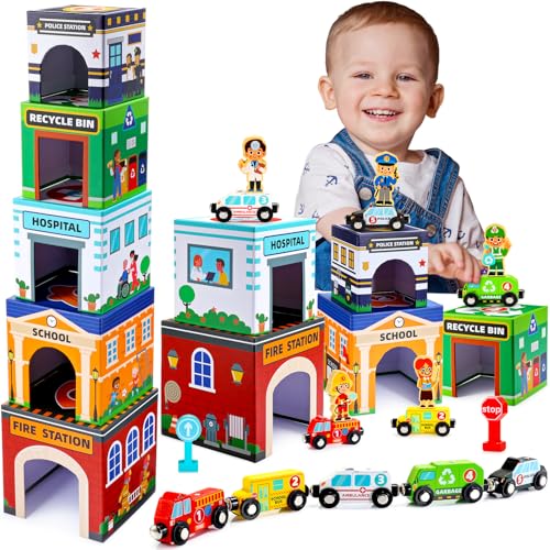 Baby Stacking Toys for Toddlers, Magnetic Wooden Cars & Garage