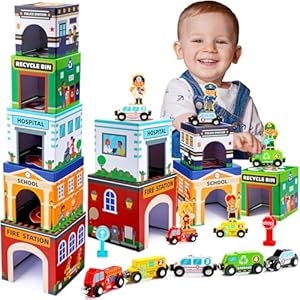 Baby Stacking Toys for Toddlers, Magnetic Wooden Cars & Garage Sorting Community Helpers Preschool Educational Learning Montessori Toys Birthday Gifts for Kids Number Blocks Nesting Boxes