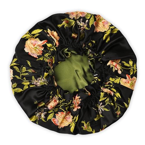 100% Mulberry Silk Bonnet for Sleeping Women - Handmade in USA 19 Momme Double Layer Reversible Silk Hair Wrap, Non-Slip Bonnet for Curly & Natural Hair, Luxury Hair Protection While Sleeping (Wild Rose Print)
