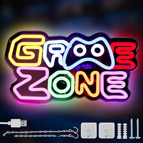 BAIFULAI Gaming Zone Cartel de neón, Luz de neón LED colorida para gaming, Luz de neón USB Letter Game para decoración de pared, señal de neón para zona de juego, cueva de hombre, regalos cartel LED