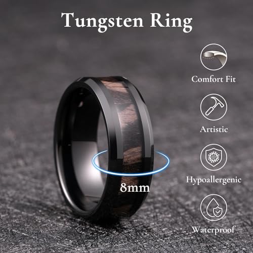 Image of King Will Nature Koa Wood Inlay Tungsten Carbide Wedding Ring 8mm Silver /Black /Gold /Green /Rose Gold /Blue Wedding Band for Men High Polished Anniversary Rings Comfort Fit Size 6-15