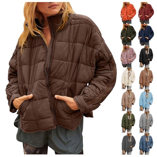 Quilted Puffer Jacket Women Cropped Lightweight Casual Padded Coat Puffy Warm Long Sleeve Zip Up Winter Coats Trendy