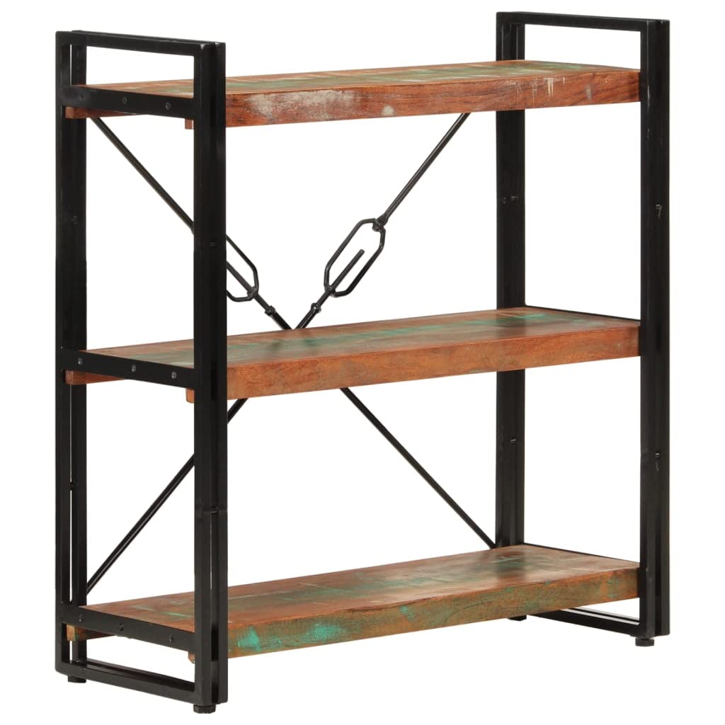 Librería con 3 compartimentos de madera maciza reciclada y hierro en estilo industrial y diseño retro, estantería de madera envejecida de 77 x 30 x 80 cm con 3 estantes y marco de acero con