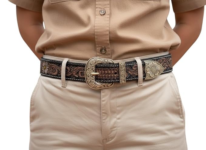 Image of Western Leather Belt for Men & Women, Floral Embossed Cowhide, Durable Rodeo Style for Jeans, Casual Wear & Country Outfits