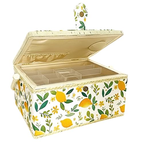 Large Empty Sewing Basket No Kit with Removable Tray, Wooden Organizer for Sewing Supplies Storage, Crafting Mending, Lemonade