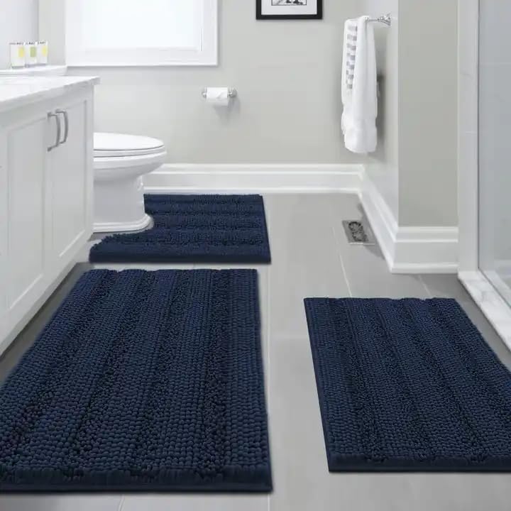 Blue Bath Mat Set 3-Piece, Non-Slip Memory Foam Mat Machine-Washable, Ultra Soft & Water Absorbent Shower Rug, Bathroom Living Room Bedroom Decor, Housewarming Gift (40x60, 50x50, 50x80cm)