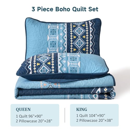 Edredón bohemio de microfibra suave azul oscuro queen lavable de tres piezas 7