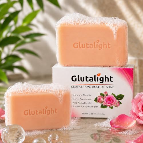 Image of Glutalight Glutathione Rose Oil Soap with Kojic Acid, Niacinamide, Vitamin C & Rosehip Oil for Dark Spots, Pigmentation & Radiant Glow - Korean Skincare Bathing Bar for Women & Men, 100g x 3