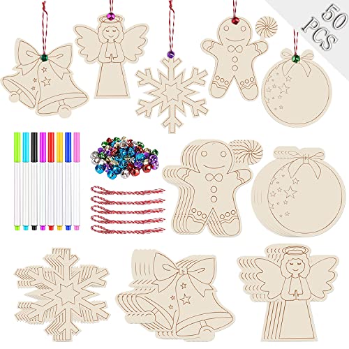 Ywlake 50pcs Unfinished Wooden Slices DIY Hanging Ornaments for Christmas Decorations,5 Styles Wood with Holes for Crafts Xmas Tree Holiday Decorations