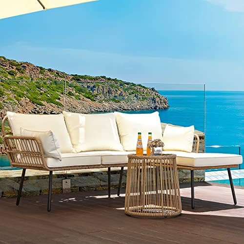 YITAHOME Rope Woven Sectional L-Shaped Sofa, 3 Pieces Patio Furniture Set for Patio Backyard Poolside, Wicker Conversation Set with Cushions, Detachable Lounger, Side Table - Beige