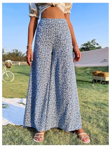 Floerns Women's Summer Beach Floral Pants High Waisted Wide Leg Palazzo Lounge Trousers2